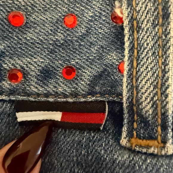 TOMMY JEANS Y2K Low Rise Rhinestone Split Flare Denim Stars Logo Retro Size 0 - Picture 12 of 13
